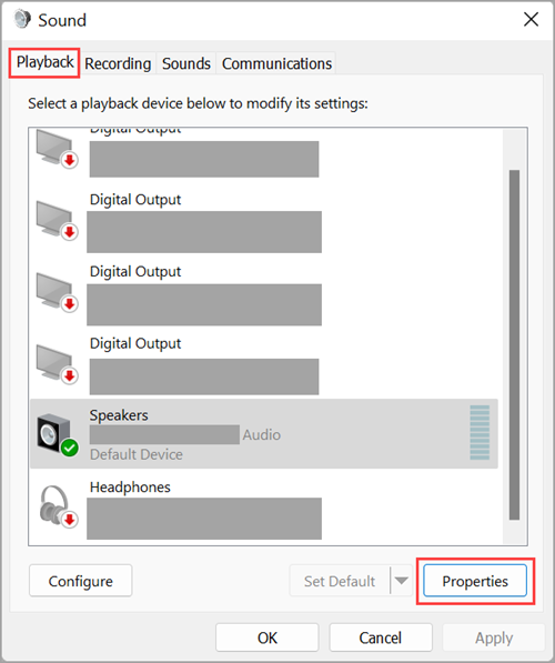 Настоящий скриншот окна звука Windows: показана вкладка устройств вывода. Интерфейс на английском языке.